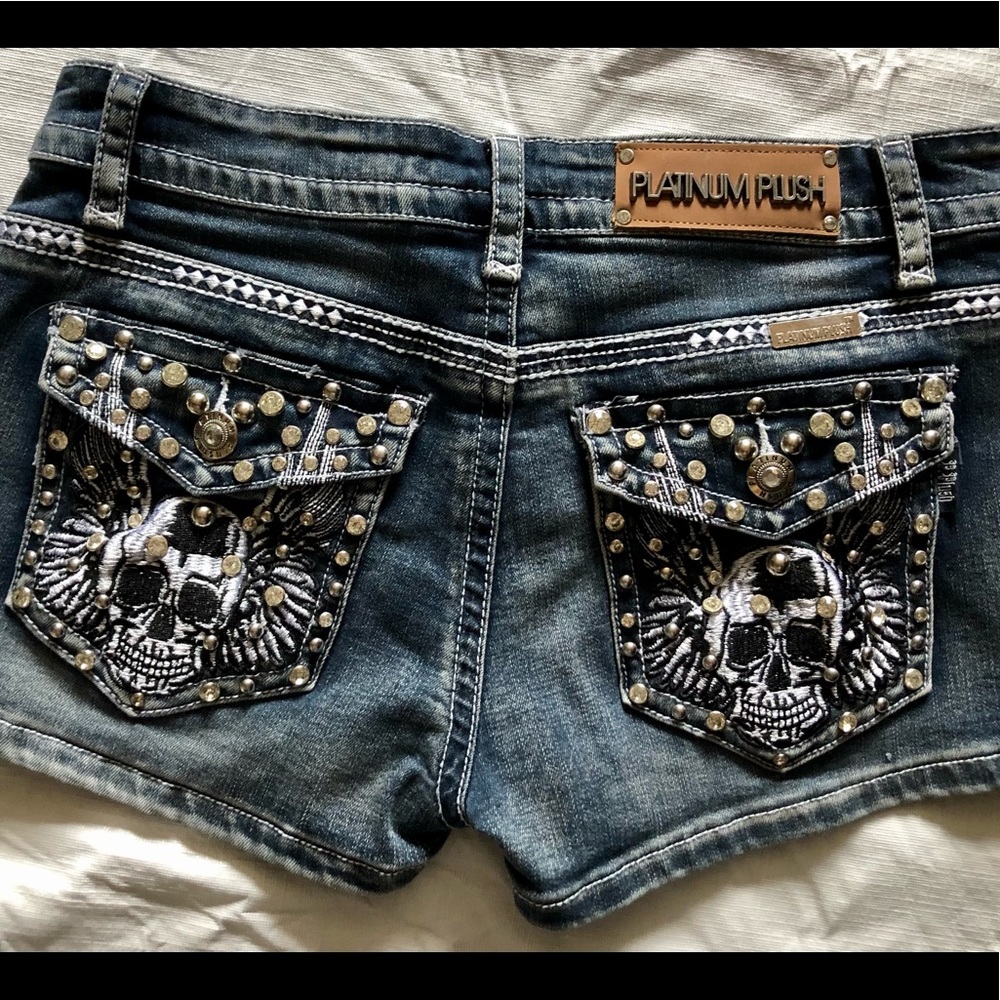 Bad Ass Denim Rhinestone Skull 5 pocket Shorts